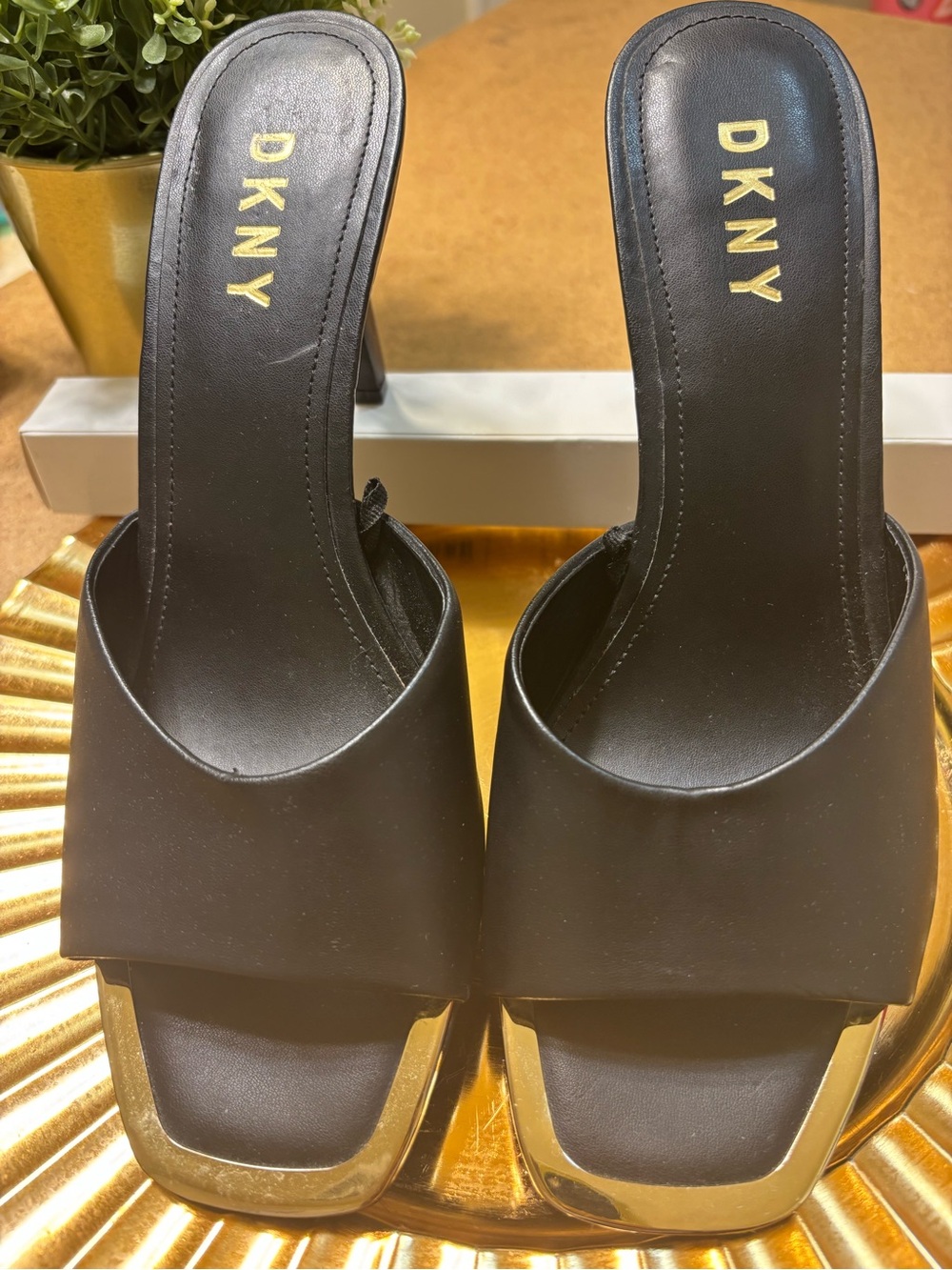 DKNY Black Mules with Gold Toe Accent